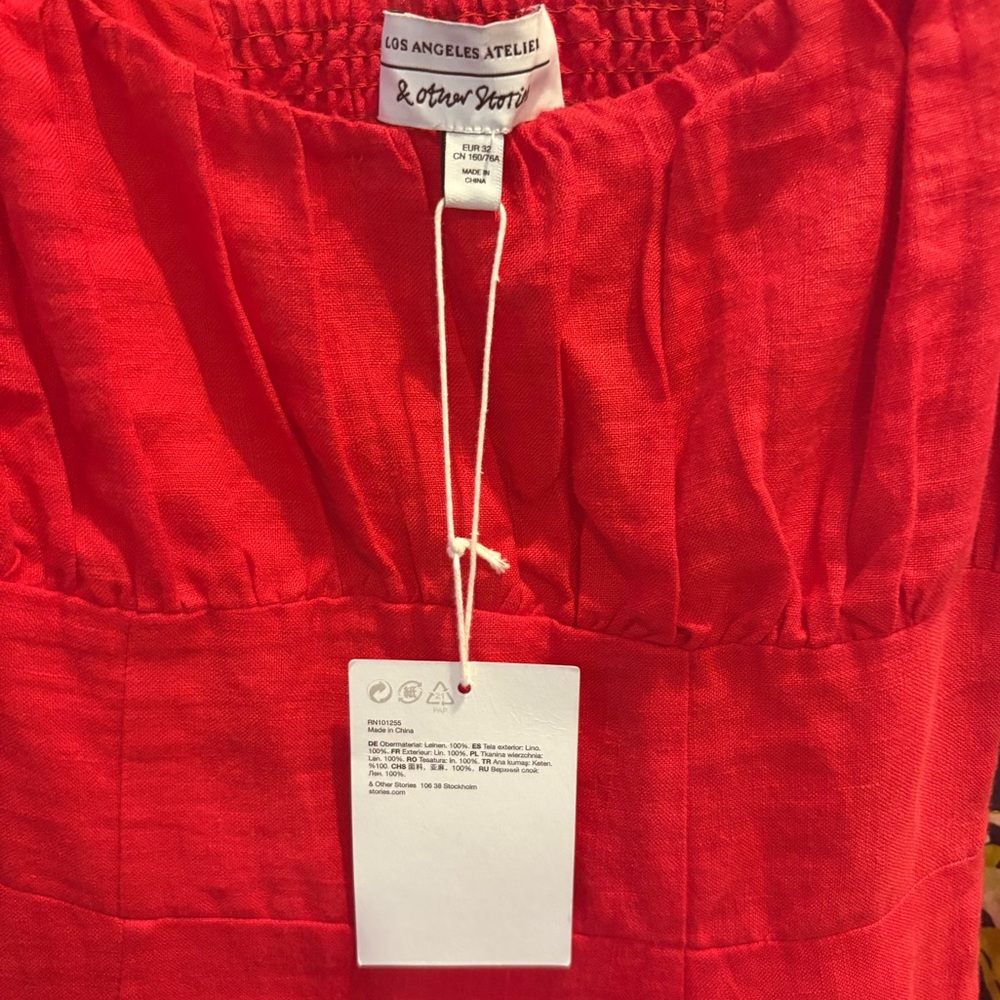 & Other Stories NWT linen puff sleeve midi summer dress in red in Sz 32 (XS) - Picture 10 of 11
